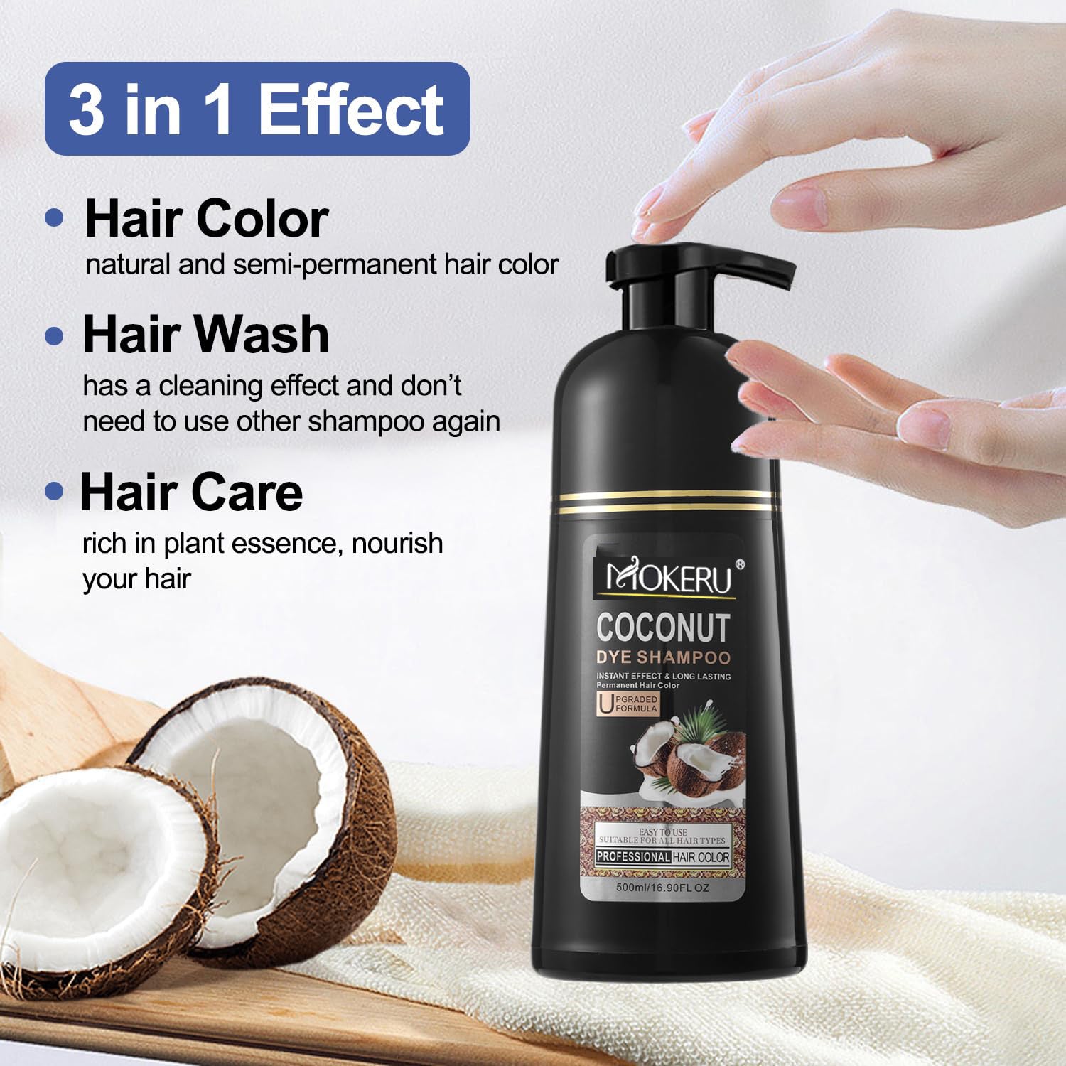 Mokeru Black Hair Dye Shampoo Fast Dyeing Long Lasting Organic Natural Pure Coconut Hair Dye Colour Shampoo for Home Dyeing