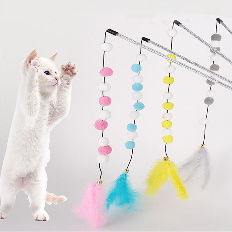 Pompom Cat Toys 1pcs Interactive Stick Feather Toys Kitten Teasing Durable Playing Plush Ball Pet Supplies For Cat Exercise