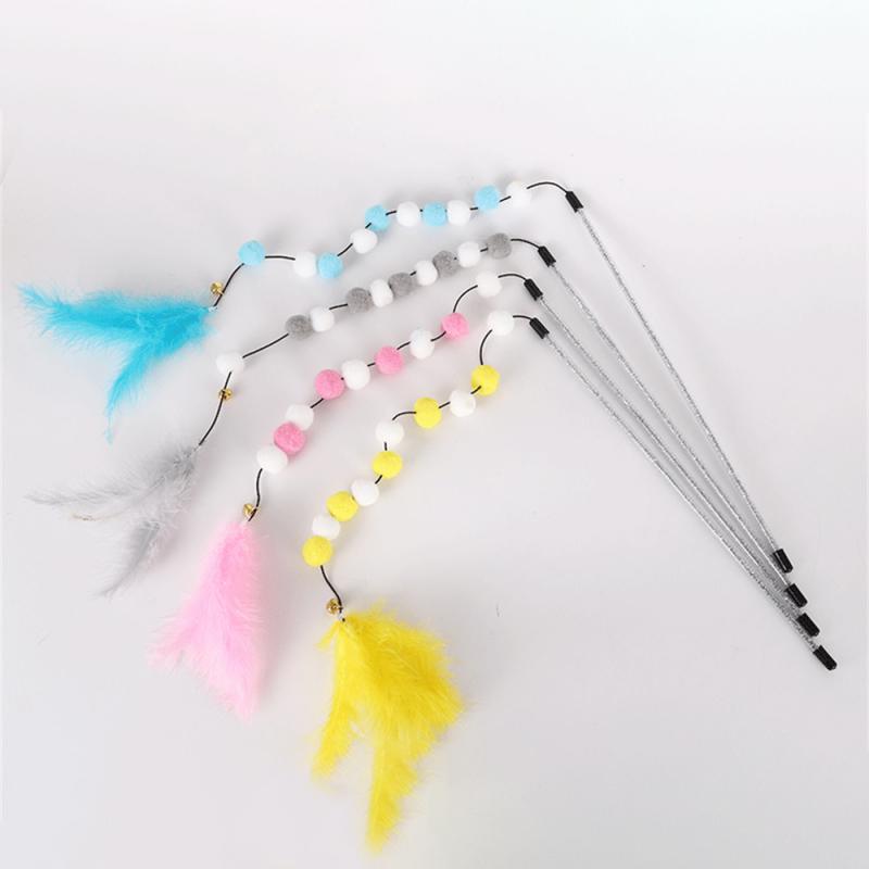 Pompom Cat Toys 1pcs Interactive Stick Feather Toys Kitten Teasing Durable Playing Plush Ball Pet Supplies For Cat Exercise